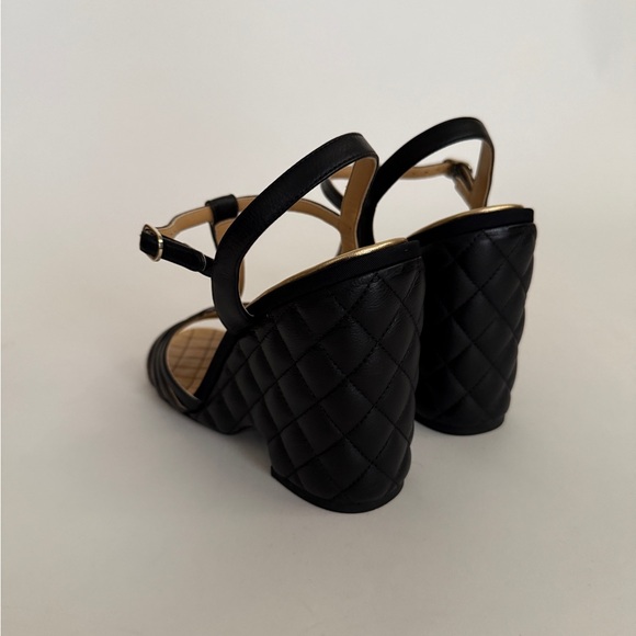 CHANEL Black Quilted Leather T-Strap Wedge Sandals - Picture 6 of 7